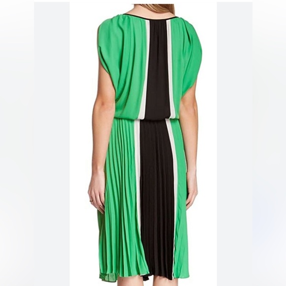 BCBGMaxazria Iona Dress Color-block Shoulder Slits Pleated Midi Medium - Picture 2 of 9